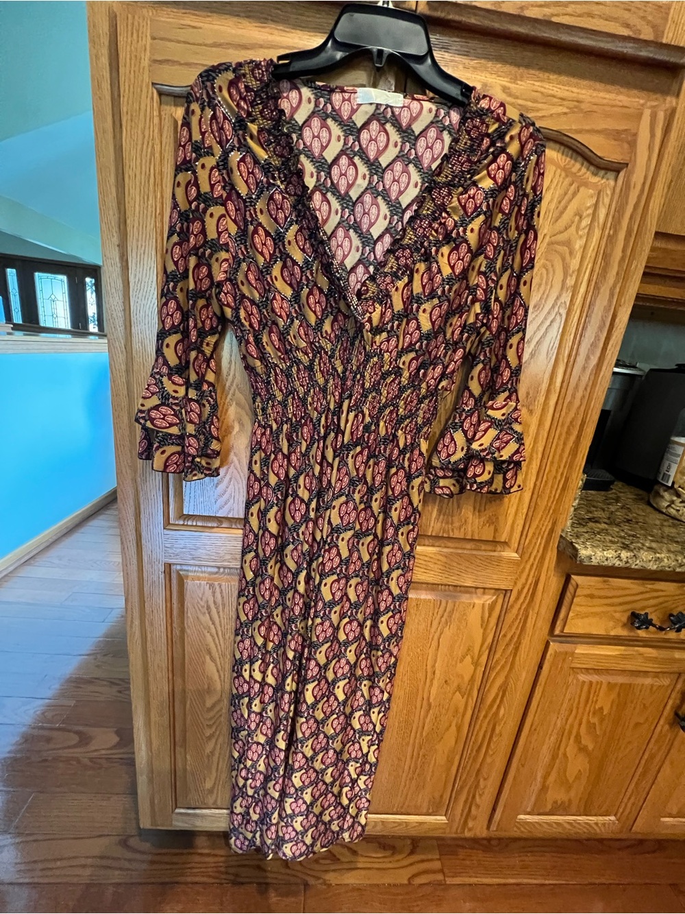 Seven Islands Boho V-Neck Smocked Waist Midi Dress in Pink and Tan